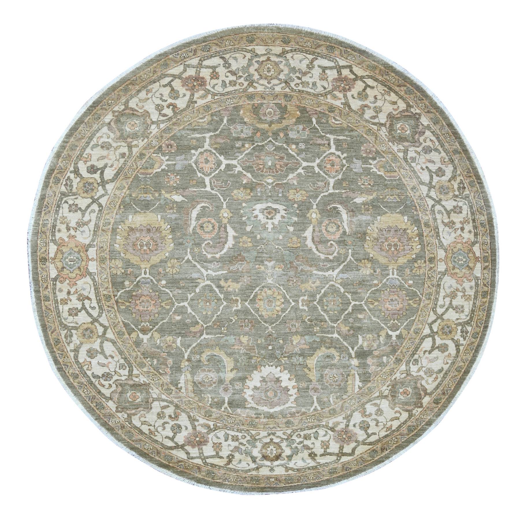 8'x8' Sage Green, Peshawar with Ziegler Mahal Design, Hand Knotted, High Mountain Wool, Denser Weave, Round, Oriental Rug 